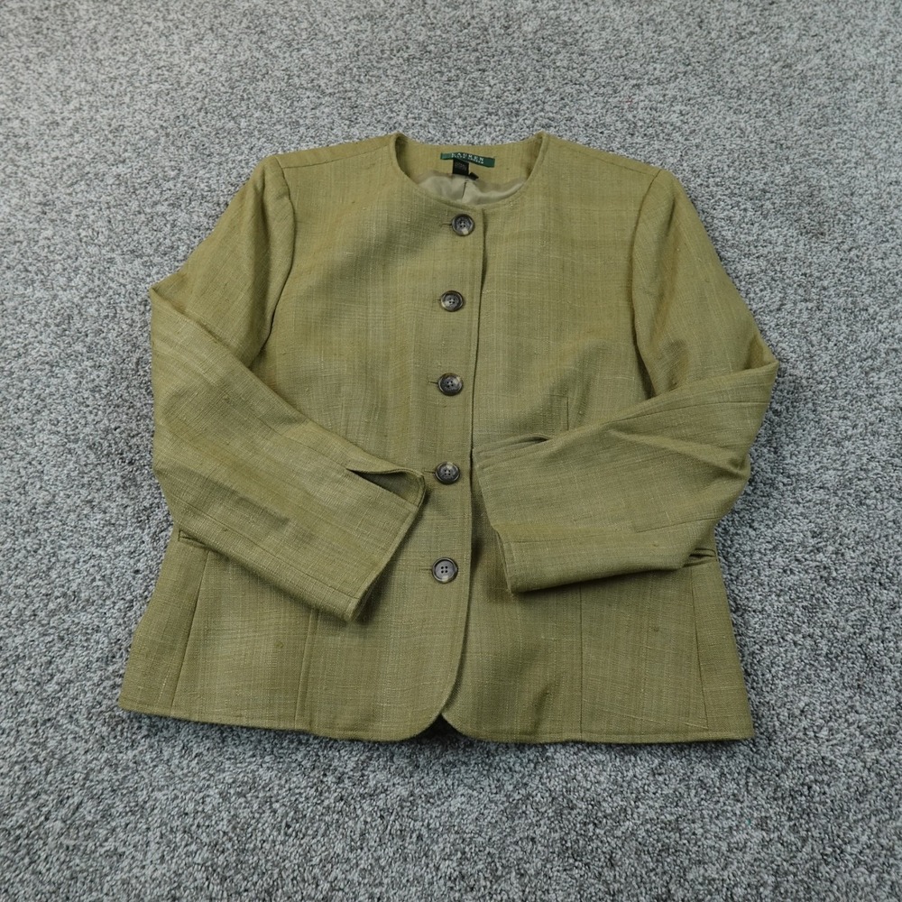 Ralph Lauren Blazer Womens 12 Green Brown Slub Silk Button Jacket Sport Coat